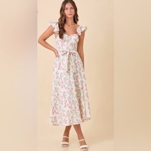 Main Strip Seamed Corset Floral Printed Ruffle Shoulder Midi Dress M Cottagecore